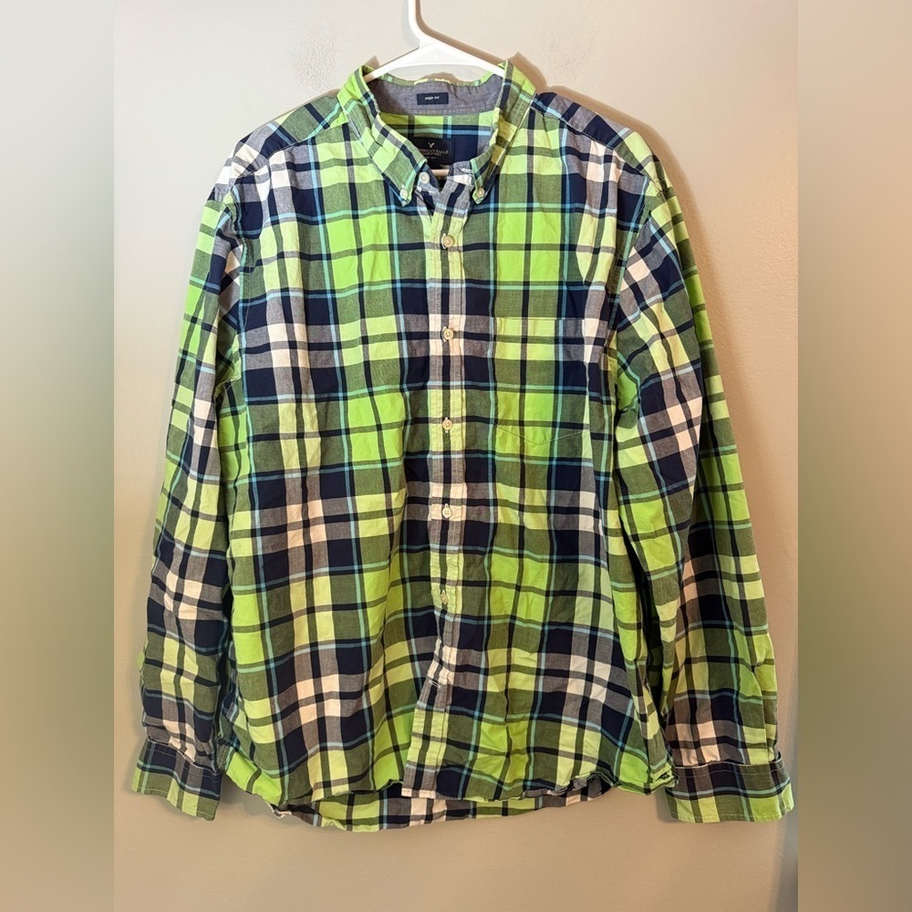 American Eagle Men's Prep Fit Blue Green Plaid Button Down Shirt Size XXL
